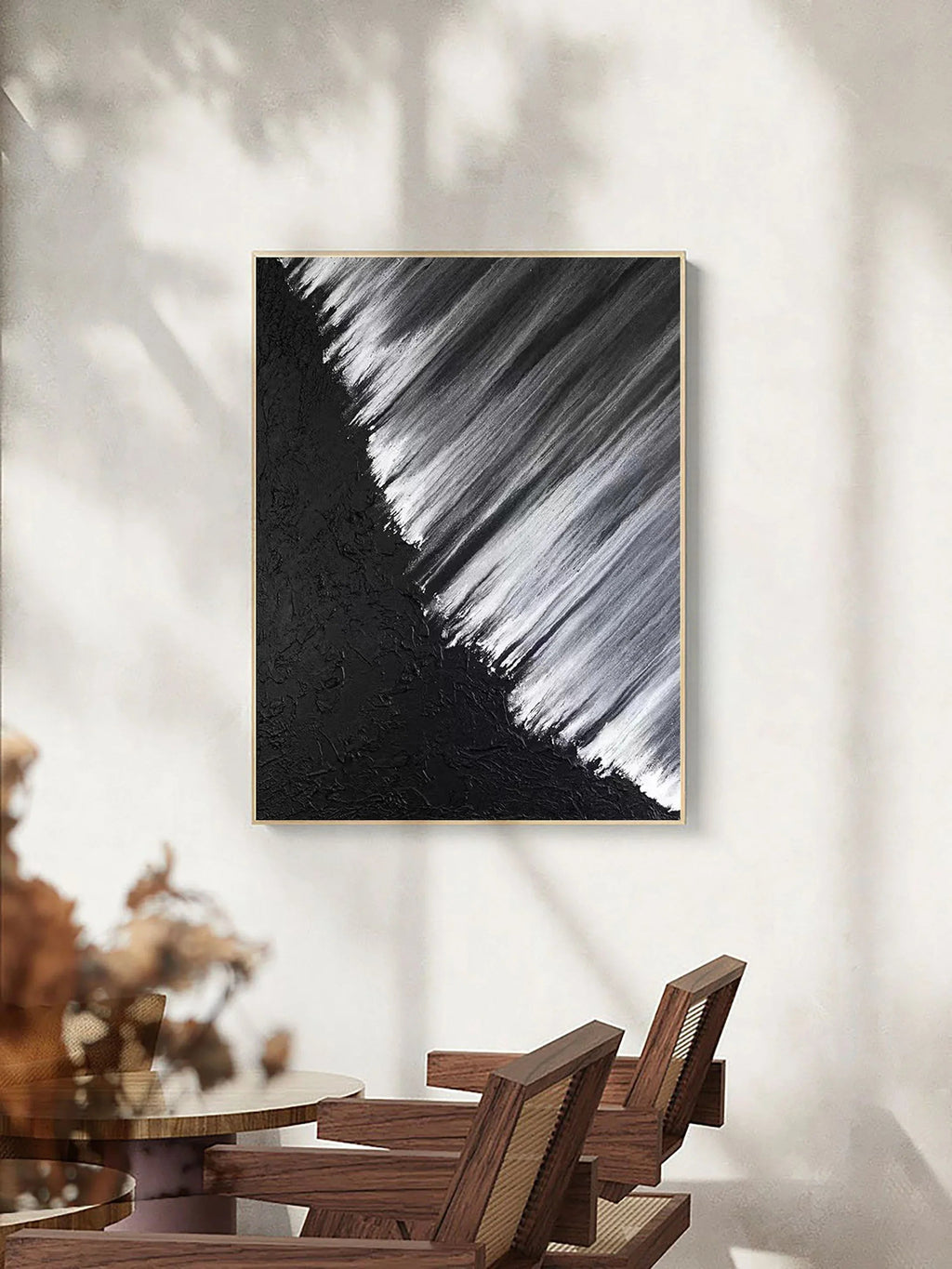 Monochrome Cascade-Hand Drawn Black and White Oblique Texture Abstract Wall Art