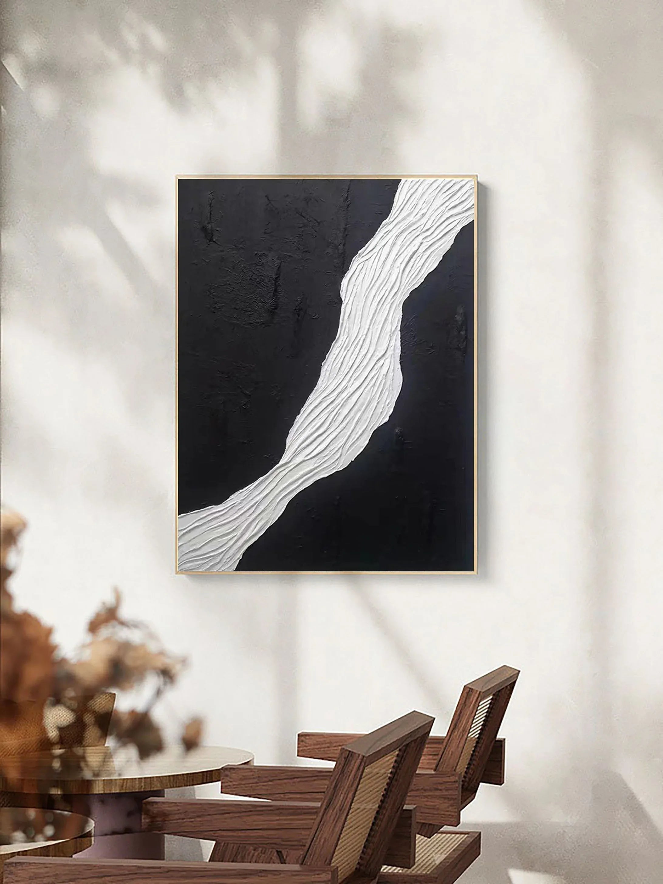 Divided Harmony-Black and White Flowing Abstract Hand-Painted Oil Painting Wall Art
