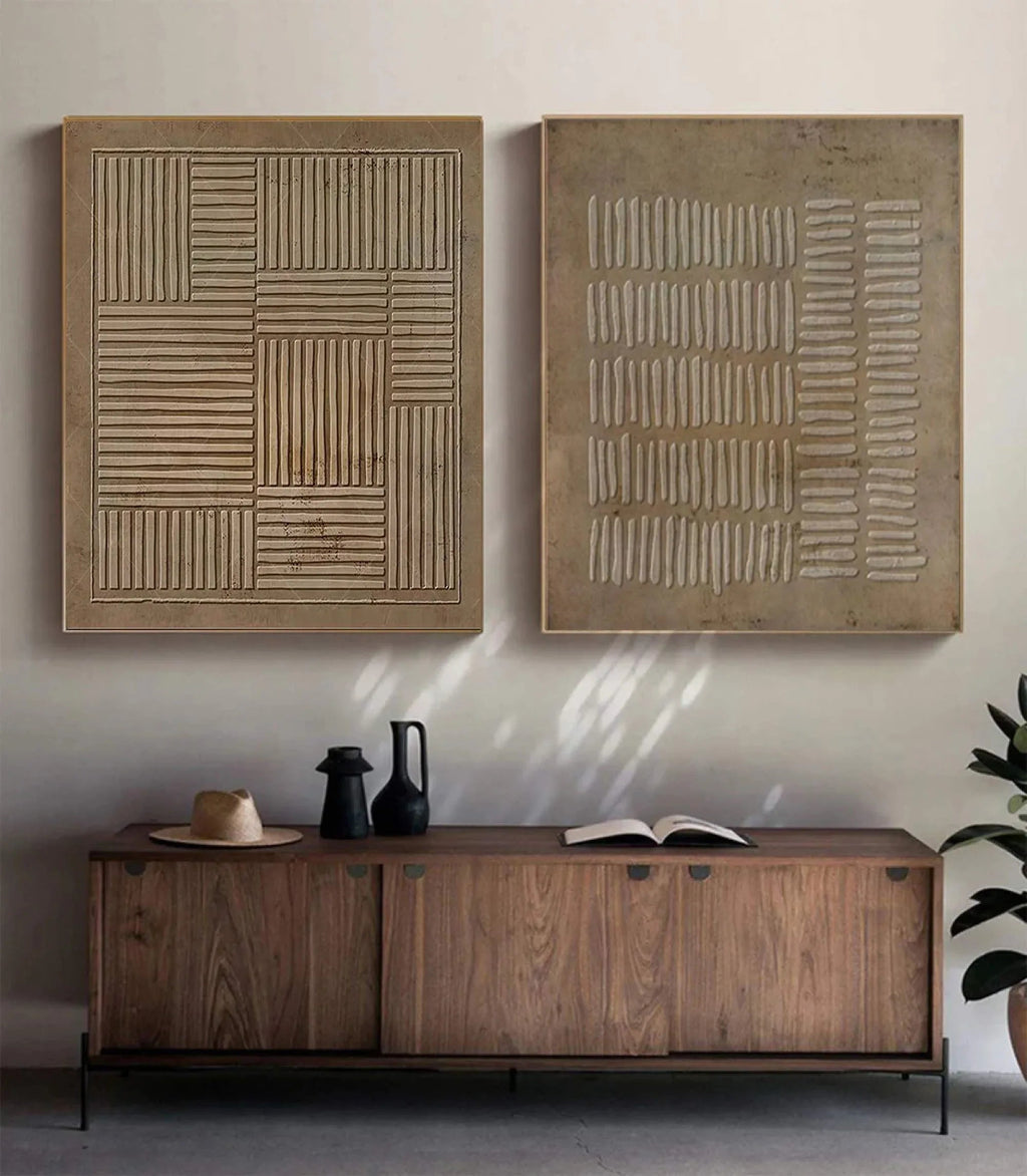 Linear Harmony SET OF 2-Handmade Geometric Vertical and Horizontal Stripes Texture Abstract Wall Art