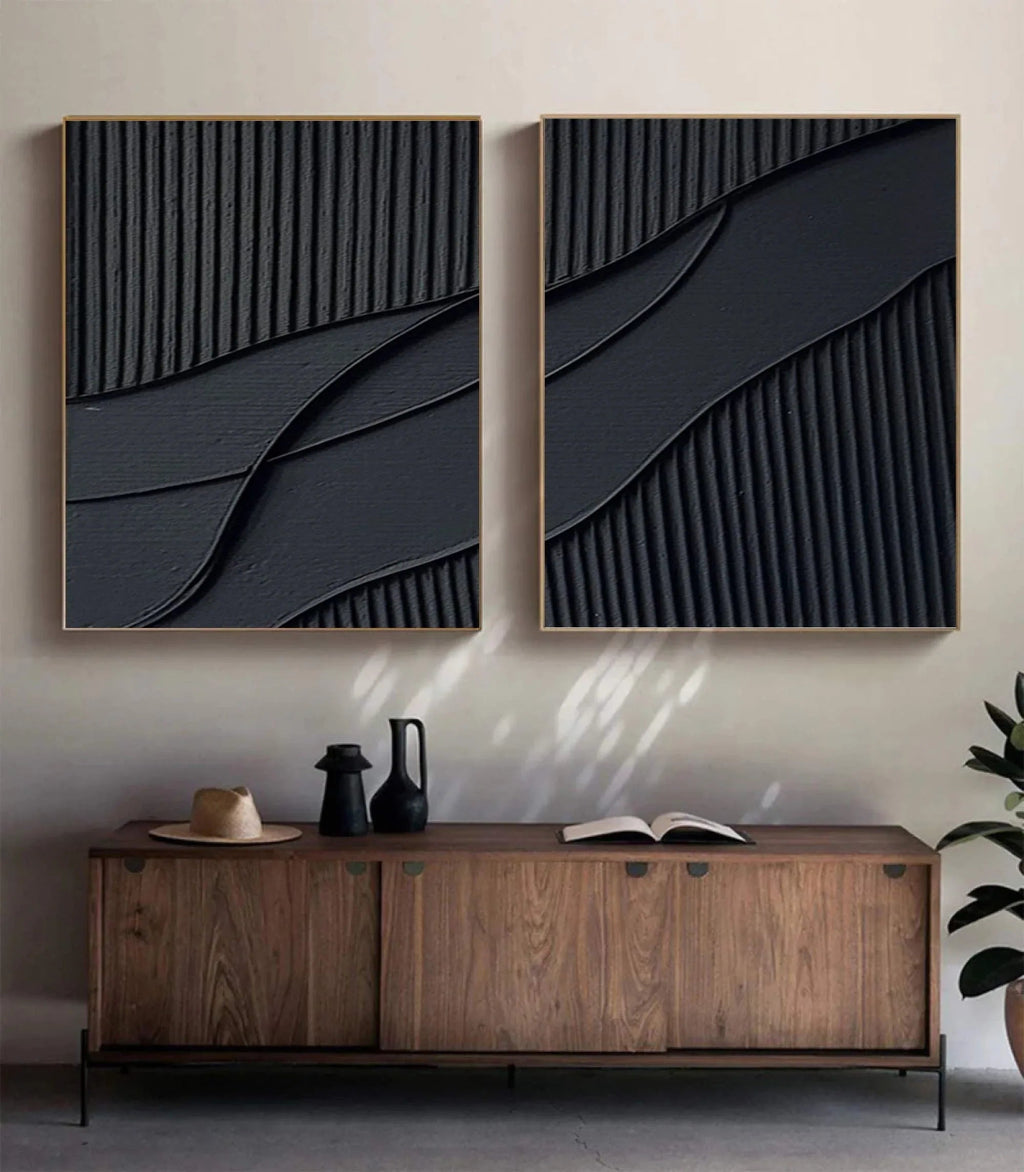 Shadow Waves Abstract Painting SET OF 2-Modern Minimalist Black Textured Abstract Wall Art