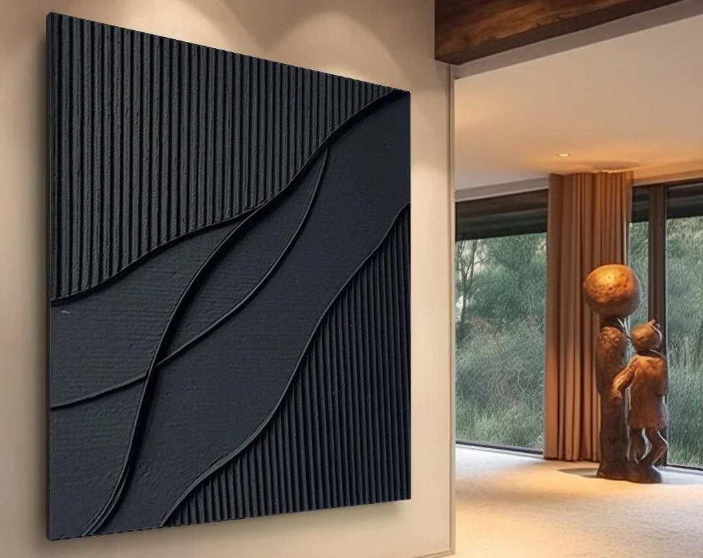 Ripple in Shadow -Black Geometric Curves and Texture Abstract Wall Art#WB11003