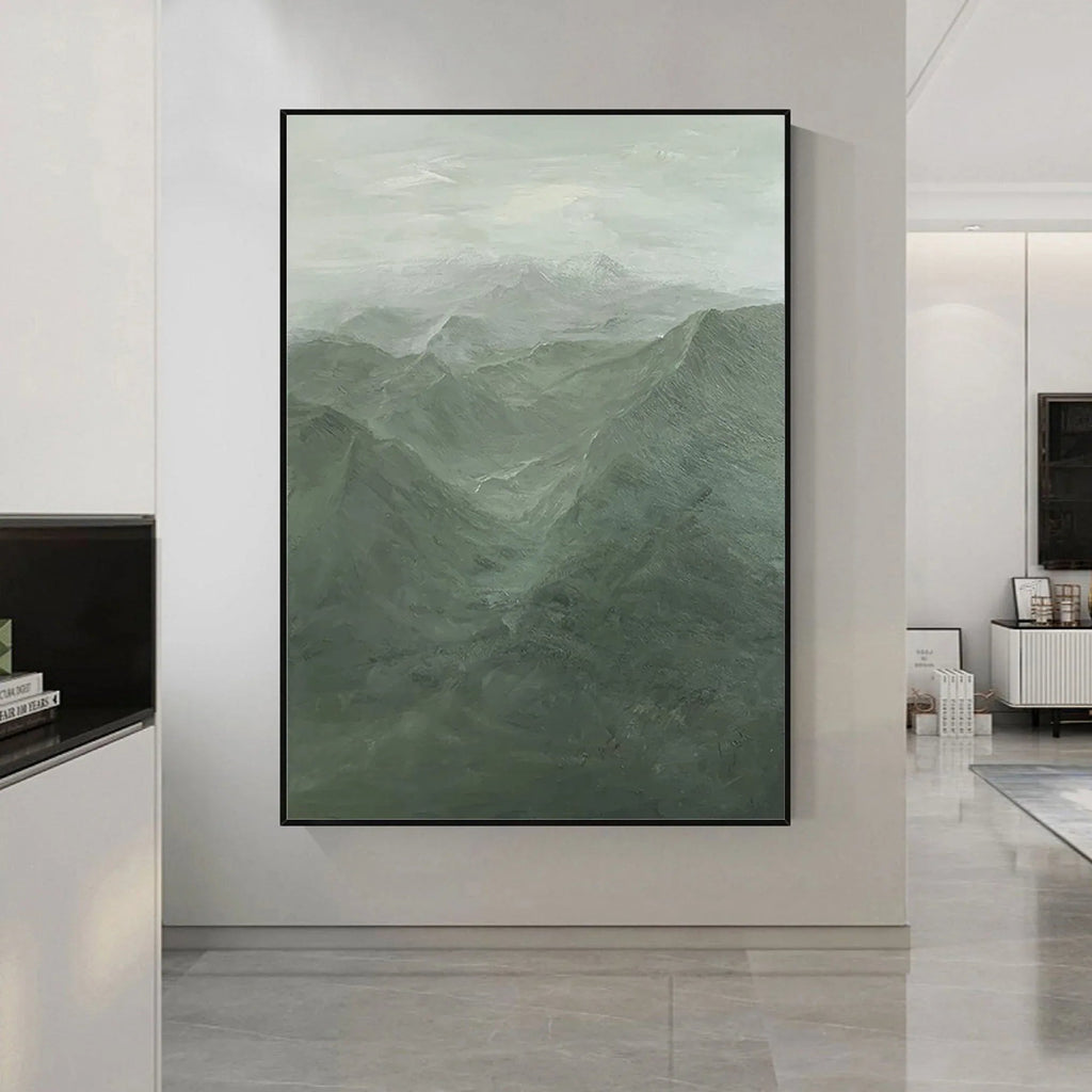 Misty Green Mountain Abstract Oil Painting - Tranquil Wall Art