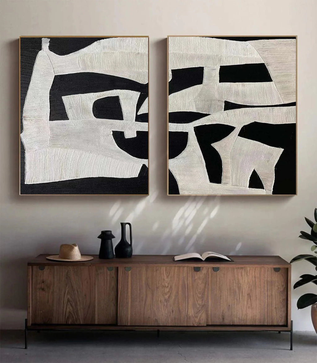 Modern Black and White Abstract Textured Canvas Art - Set of 2