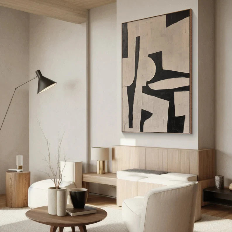 Bold Geometry – Black and Beige Minimalist Abstract Wall Art with Textured Finish#AB14027