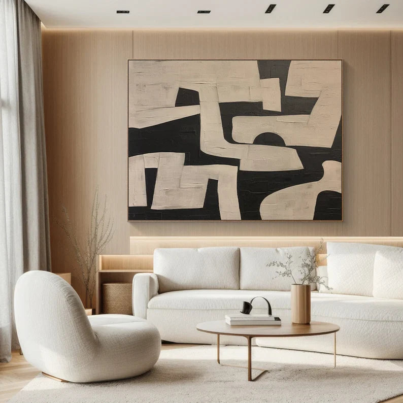 Maze of Forms – Black and Beige Geometric Abstract Wall Art with Textured Finish#AB14026