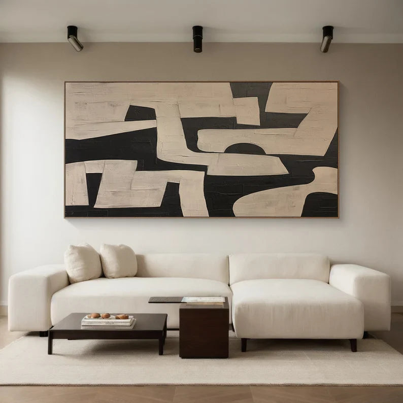 Maze of Forms – Black and Beige Geometric Abstract Wall Art with Textured Finish#AB14026