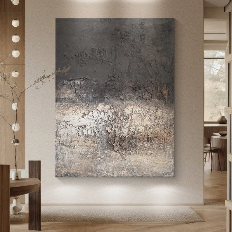 Burnt Horizon – Dark Textured Abstract Wall Art with Cracked Earth Effect#AB14025