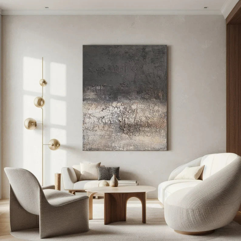 Burnt Horizon – Dark Textured Abstract Wall Art with Cracked Earth Effect#AB14025