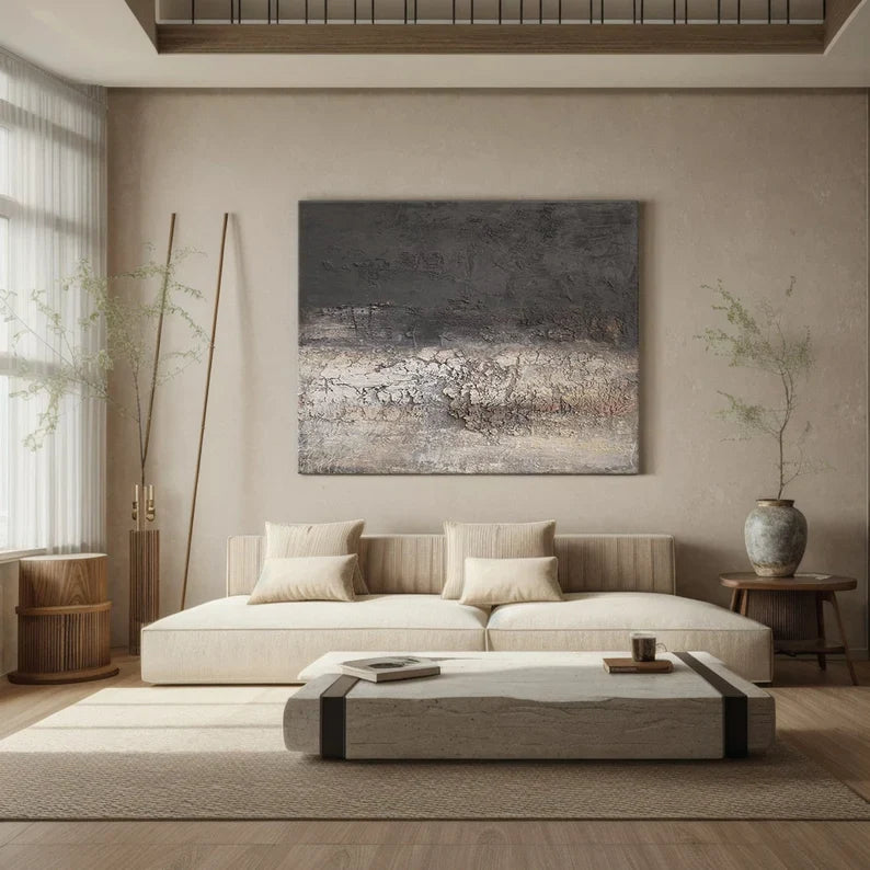 Burnt Horizon – Dark Textured Abstract Wall Art with Cracked Earth Effect#AB14025