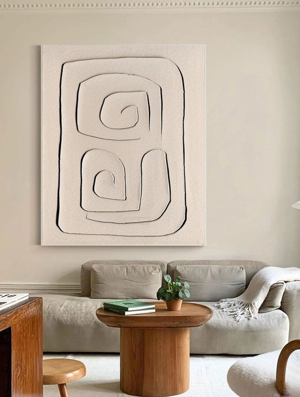 Mono Swirl Block-Wabi Sabi Abstract Wall Art with Spiral Minimalist Texture