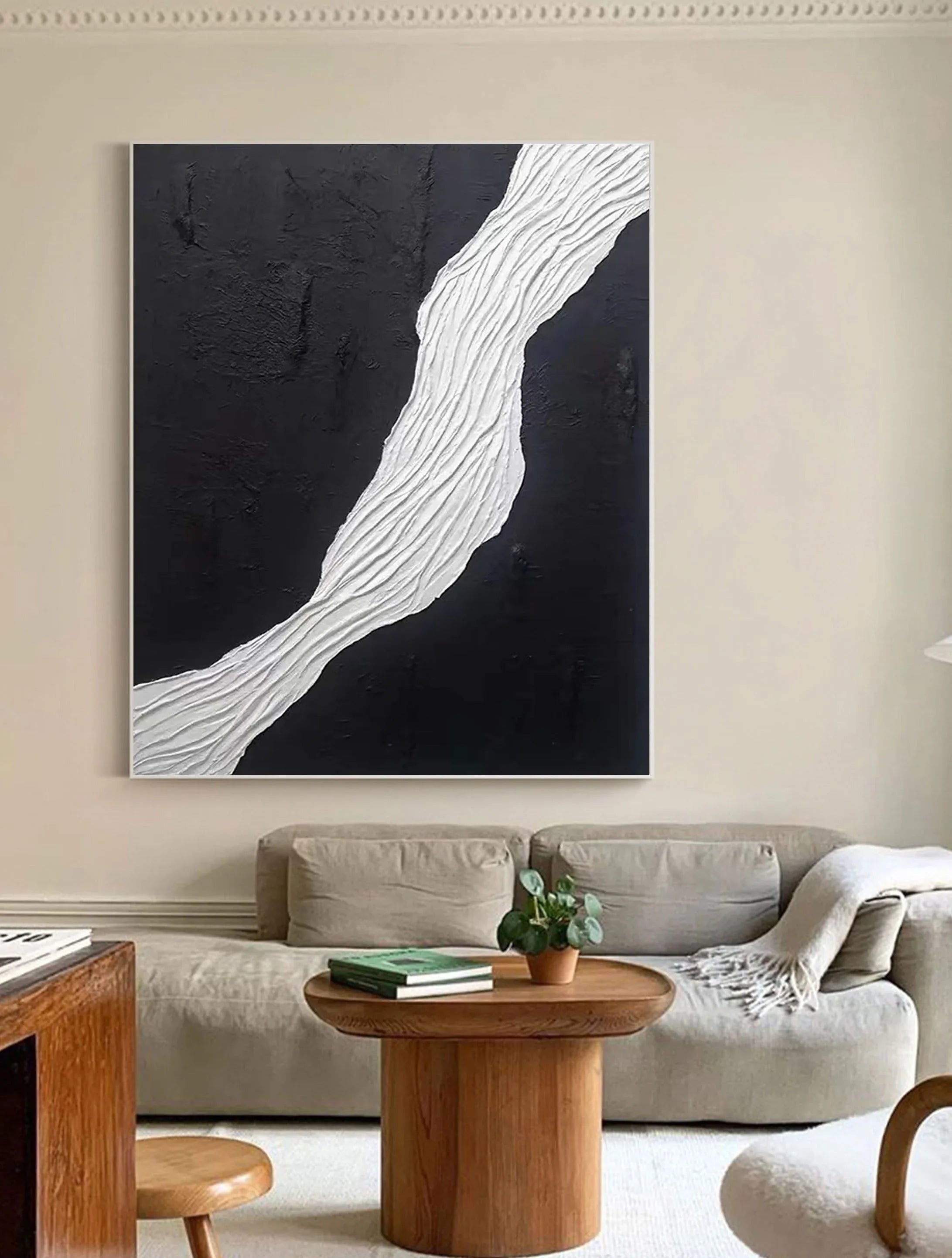 Divided Harmony-Black and White Flowing Abstract Hand-Painted Oil Painting Wall Art