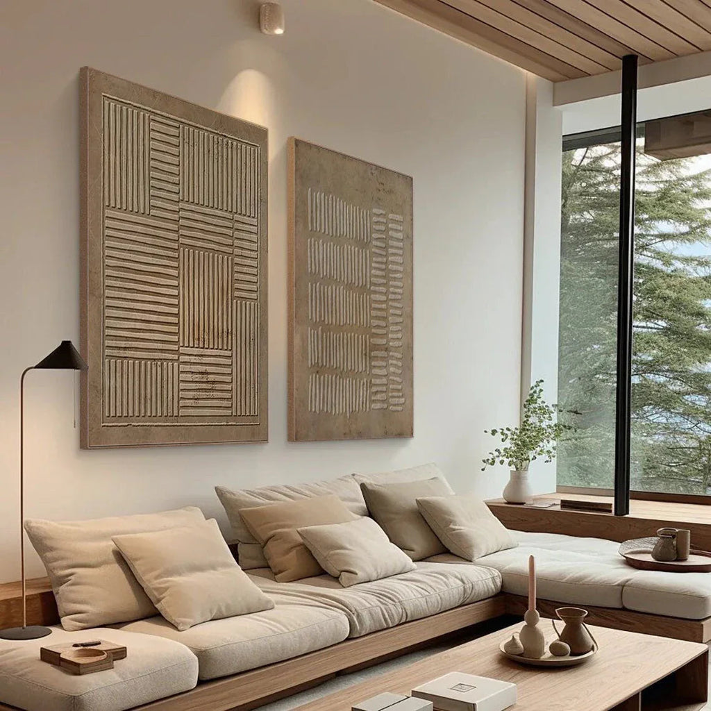 Linear Harmony SET OF 2-Handmade Geometric Vertical and Horizontal Stripes Texture Abstract Wall Art