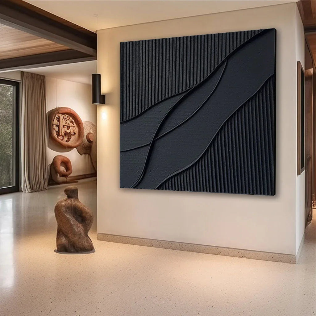 Ripple in Shadow -Black Geometric Curves and Texture Abstract Wall Art#WB11003