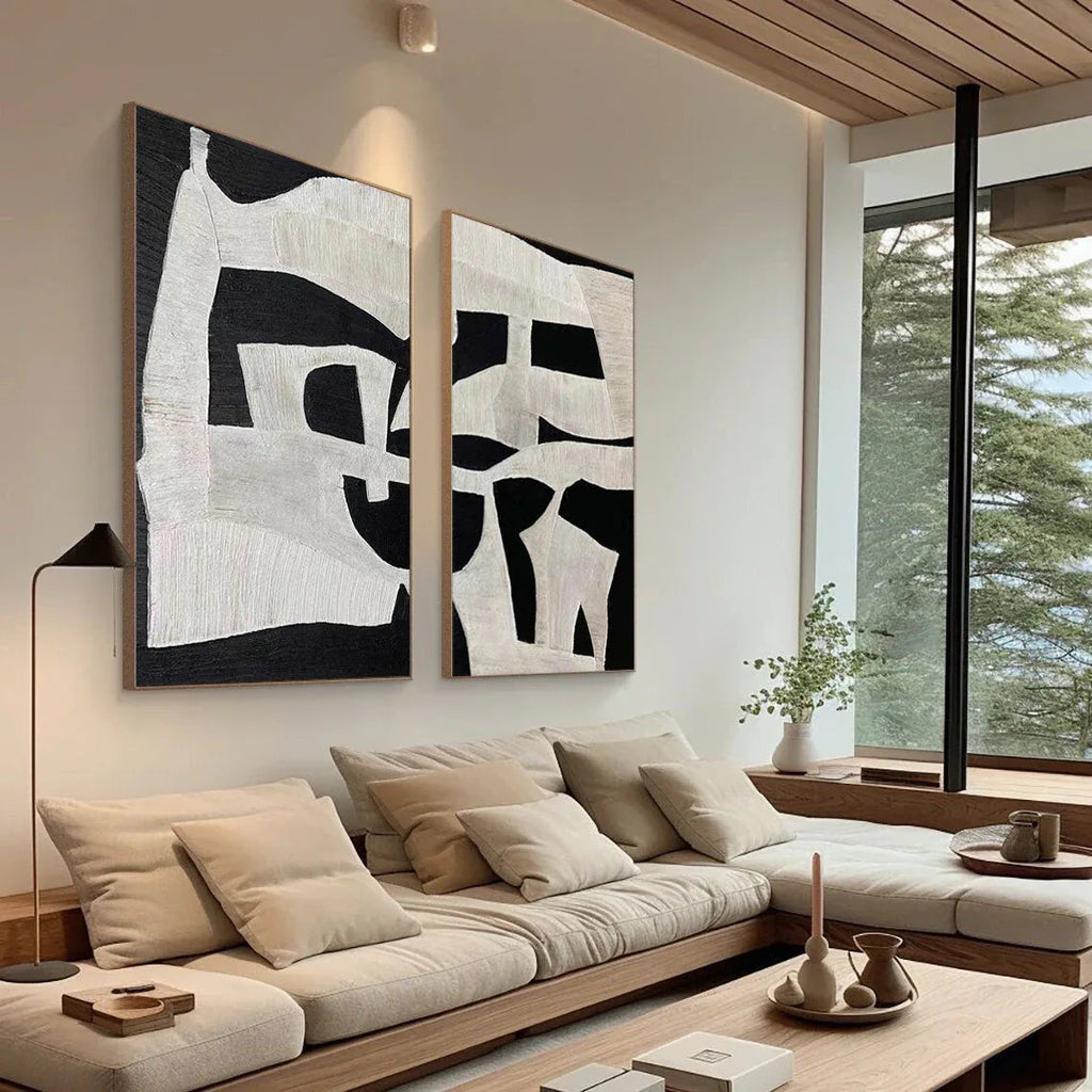 Modern Black and White Abstract Textured Canvas Art - Set of 2
