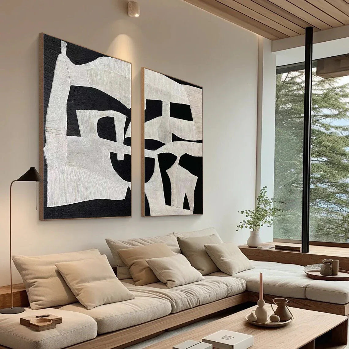 Modern Black and White Abstract Textured Canvas Art - Set of 2