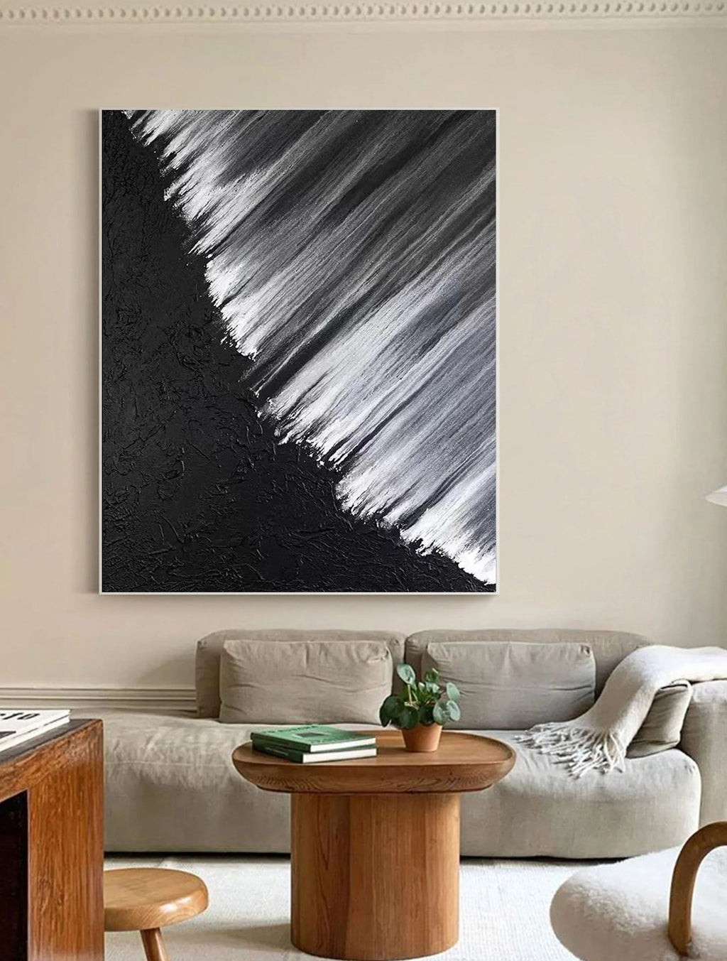 Monochrome Cascade-Hand Drawn Black and White Oblique Texture Abstract Wall Art
