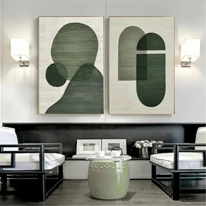 Emerald Abstract Duo Set of 2-Minimalist Abstract Geometric Ink Green Texture Wall Art