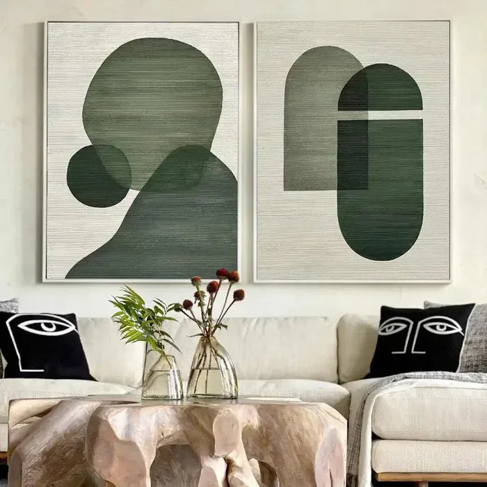 Emerald Abstract Duo Set of 2-Minimalist Abstract Geometric Ink Green Texture Wall Art