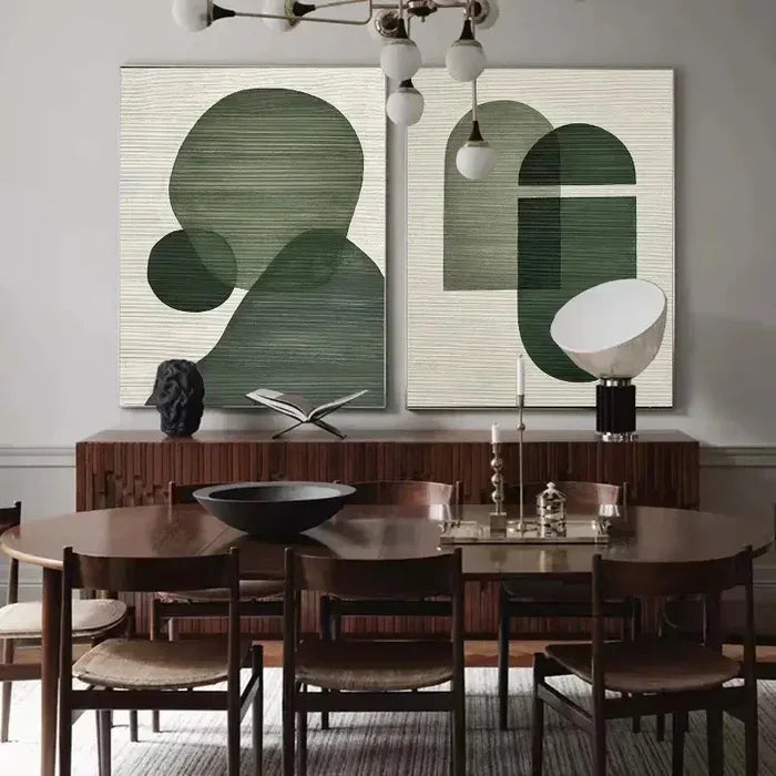 Emerald Abstract Duo Set of 2-Minimalist Abstract Geometric Ink Green Texture Wall Art