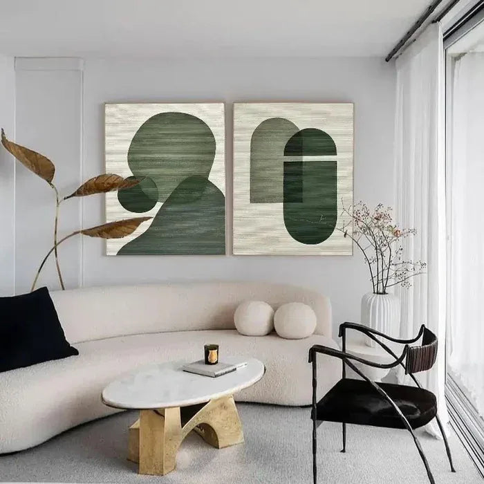 Emerald Abstract Duo Set of 2-Minimalist Abstract Geometric Ink Green Texture Wall Art