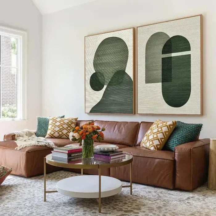 Emerald Abstract Duo Set of 2-Minimalist Abstract Geometric Ink Green Texture Wall Art