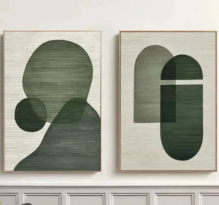 Emerald Abstract Duo Set of 2-Minimalist Abstract Geometric Ink Green Texture Wall Art