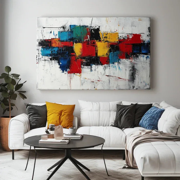 Artful Chaos-Modern Interior Design Featuring Vibrant Color Blocks and Abstract Wall Art