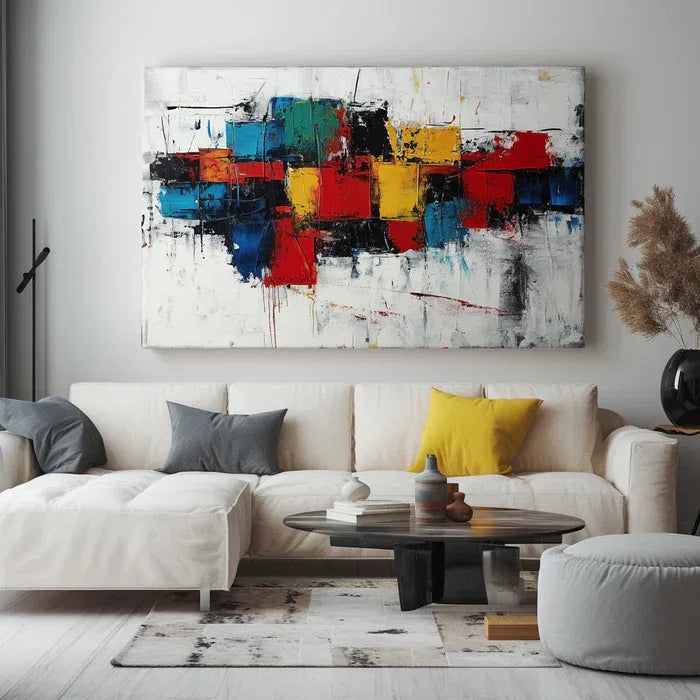 Artful Chaos-Modern Interior Design Featuring Vibrant Color Blocks and Abstract Wall Art