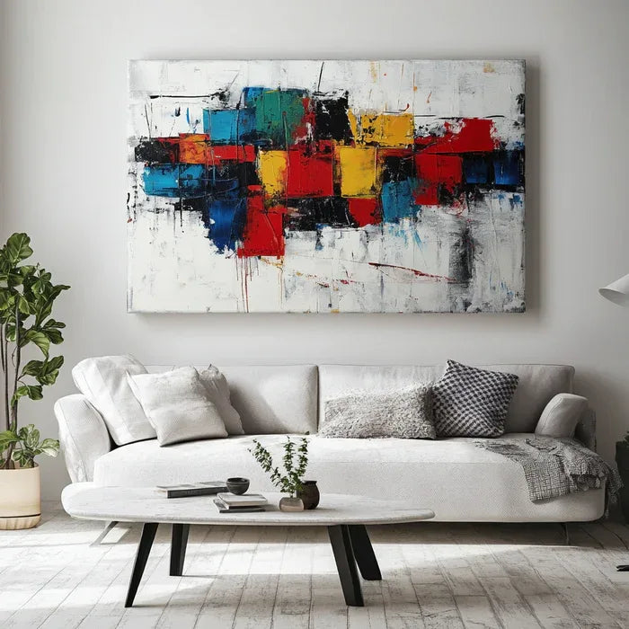 Artful Chaos-Modern Interior Design Featuring Vibrant Color Blocks and Abstract Wall Art