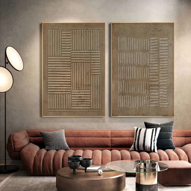 Linear Rhythm Textured Diptych Set OF 2-Modern Minimalist Handmade Thick Coated Abstract Oil Painting