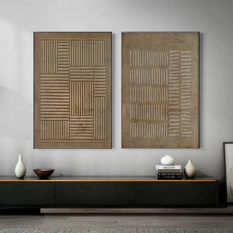 Linear Rhythm Textured Diptych Set OF 2-Modern Minimalist Handmade Thick Coated Abstract Oil Painting