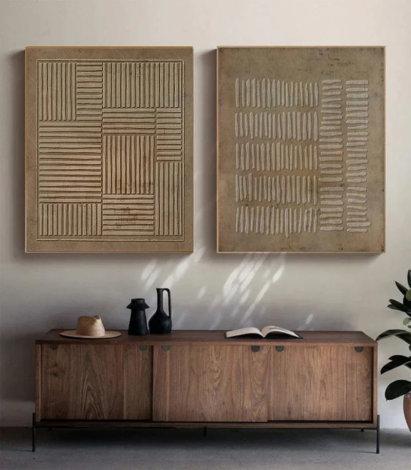 Linear Rhythm Textured Diptych Set OF 2-Modern Minimalist Handmade Thick Coated Abstract Oil Painting