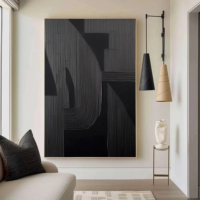 Silent Rhythm - Home Decoration Black Minimalist Geometric Texture Vertical Wall Art