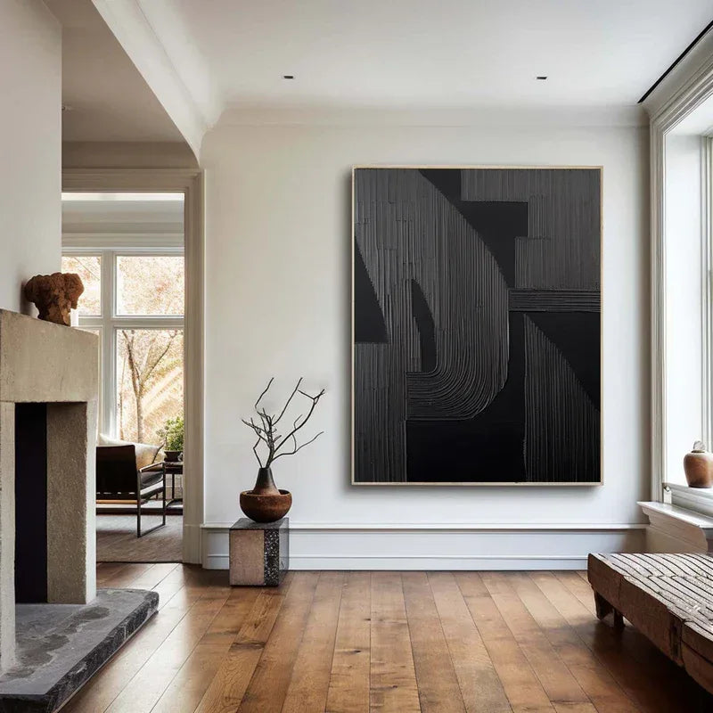 Silent Rhythm - Home Decoration Black Minimalist Geometric Texture Vertical Wall Art