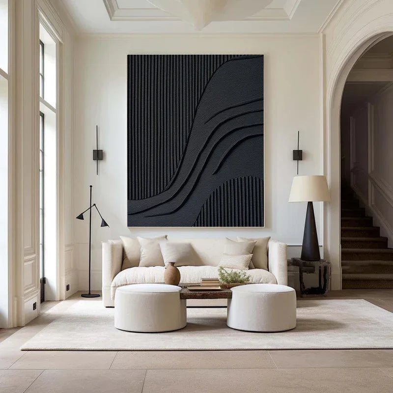 Black Minimalist Flowing Lines - Abstract Textured Wall Art