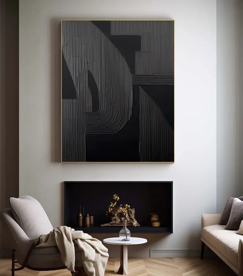 Silent Rhythm - Home Decoration Black Minimalist Geometric Texture Vertical Wall Art
