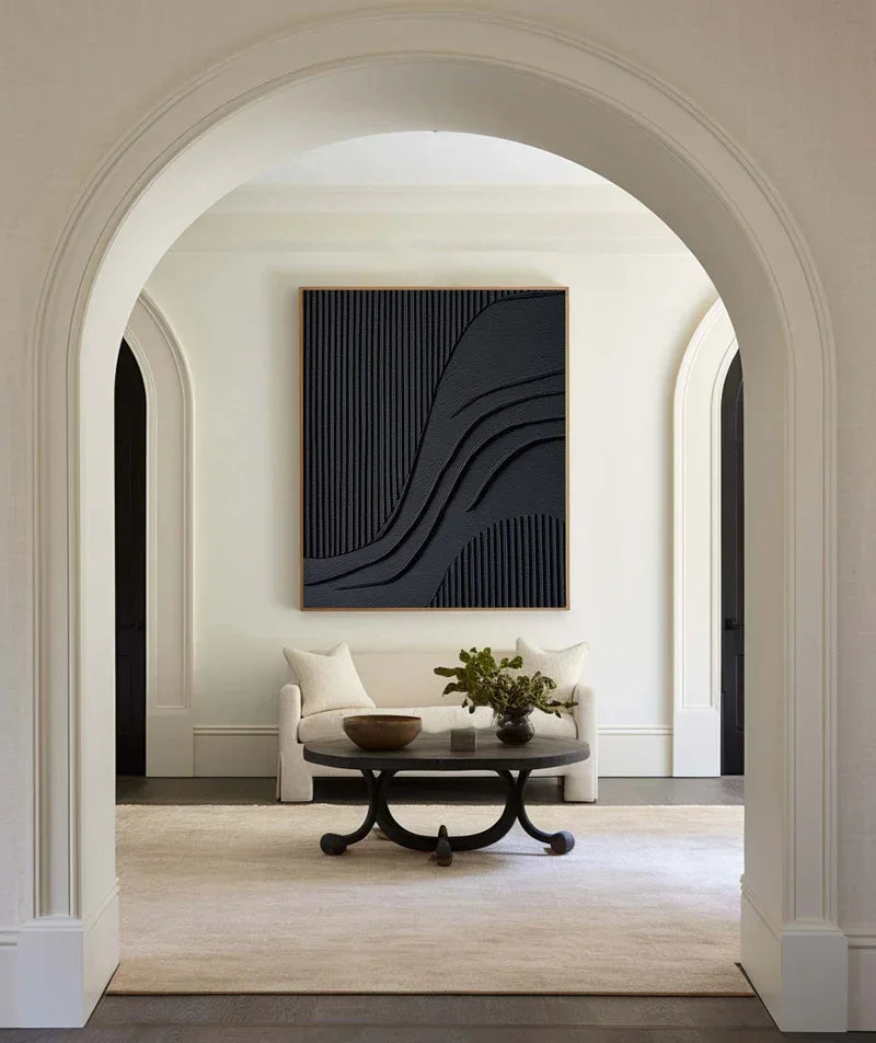 Black Minimalist Flowing Lines - Abstract Textured Wall Art