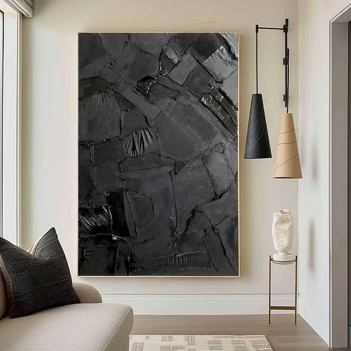 Black Textured Abstract Oil Painting - Modern Minimalist Wall Art#AB14083