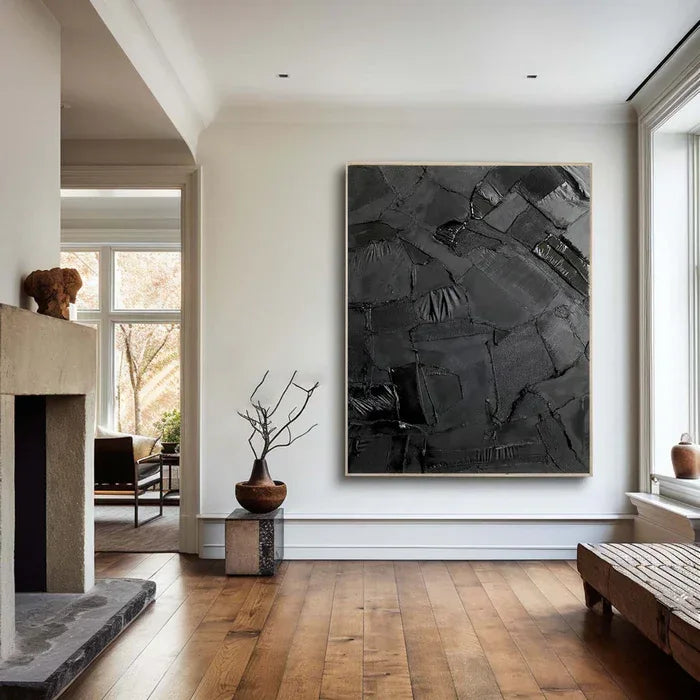 Black Textured Abstract Oil Painting - Modern Minimalist Wall Art#AB14083