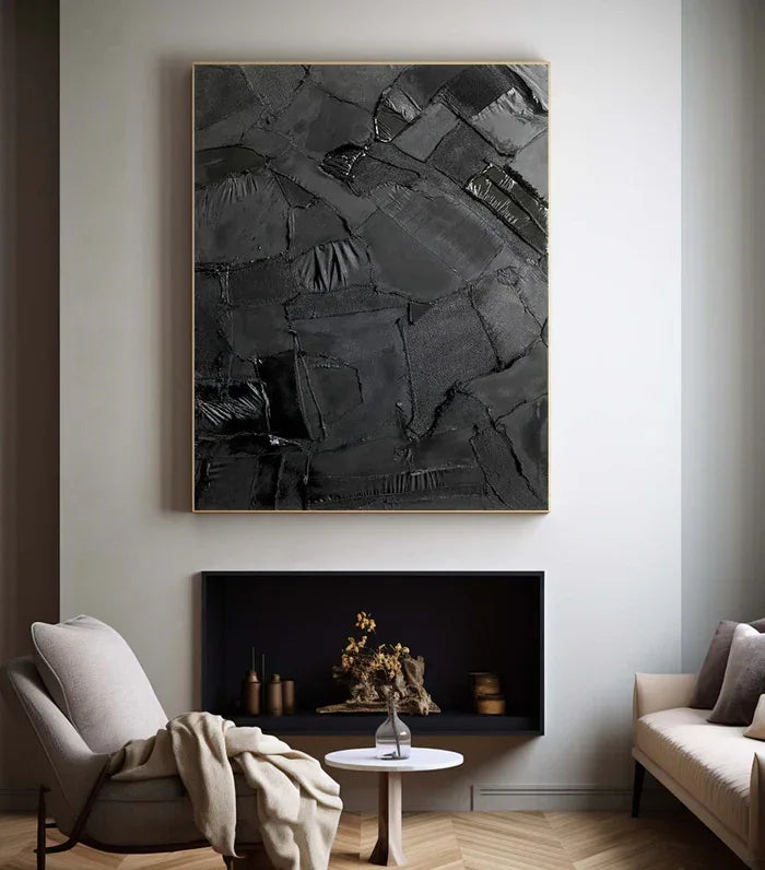 Black Textured Abstract Oil Painting - Modern Minimalist Wall Art#AB14083