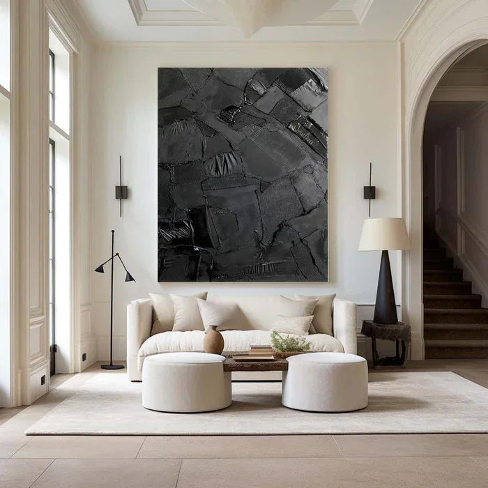 Black Textured Abstract Oil Painting - Modern Minimalist Wall Art#AB14083