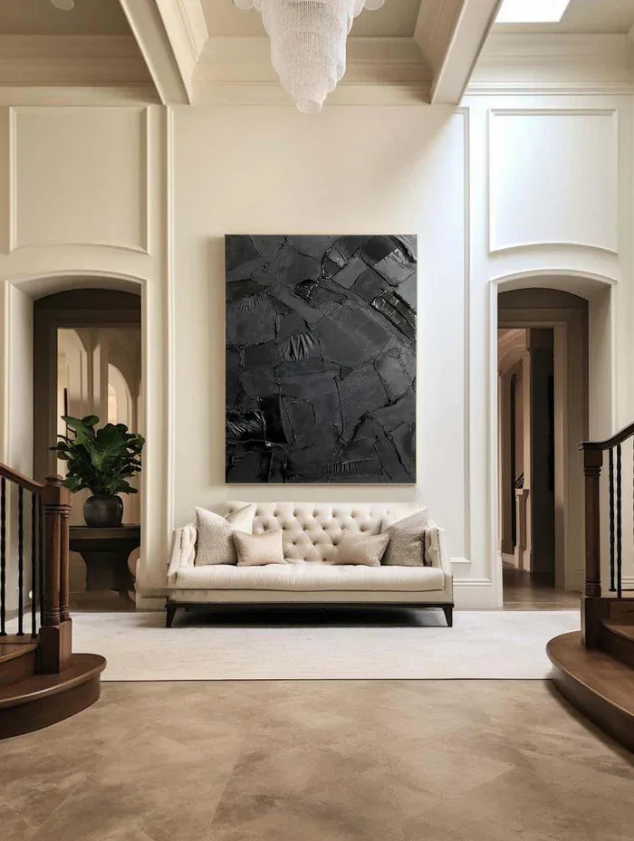 Black Textured Abstract Oil Painting - Modern Minimalist Wall Art#AB14083