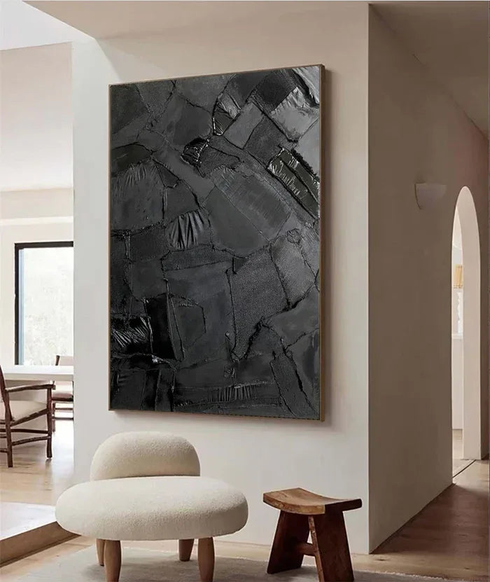 Black Textured Abstract Oil Painting - Modern Minimalist Wall Art#AB14083