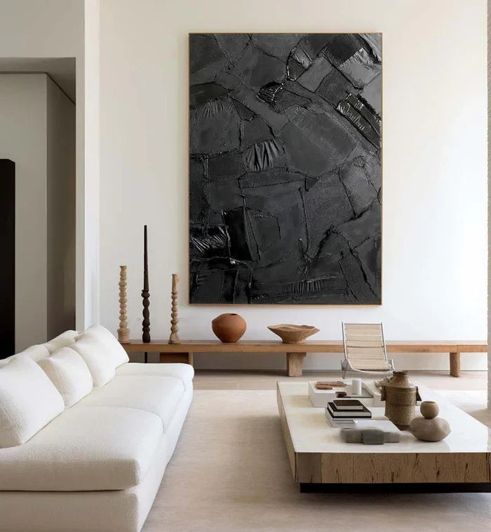 Black Textured Abstract Oil Painting - Modern Minimalist Wall Art#AB14083