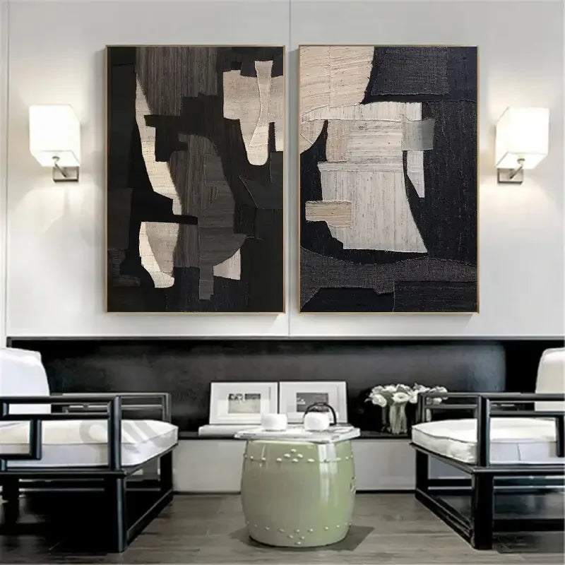 Geometric Dark Light Diptych-Monochrome Geometric Harmony Abstract Painting Set of 2