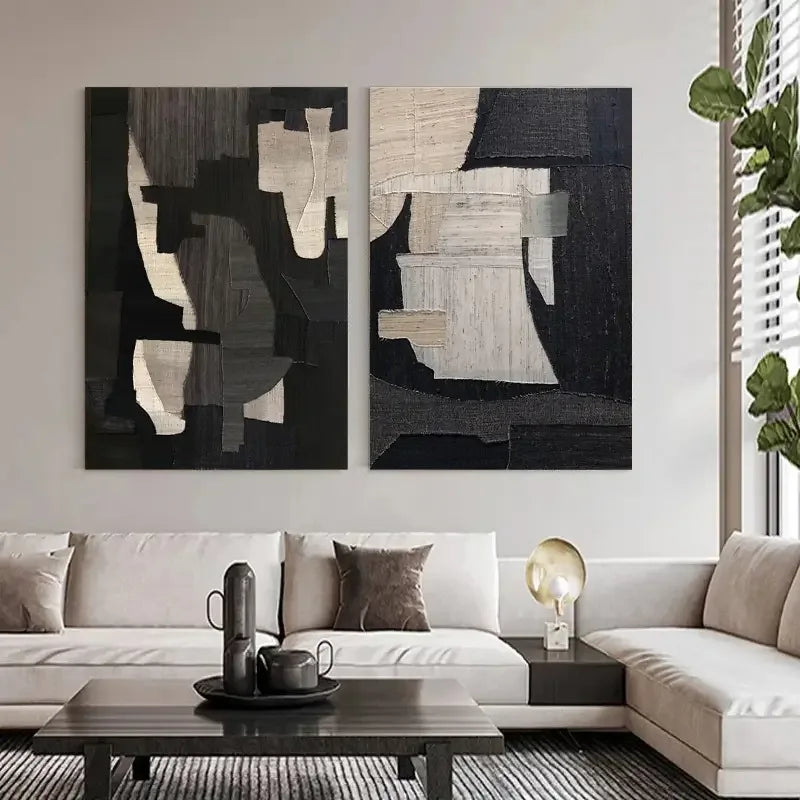 Geometric Dark Light Diptych-Monochrome Geometric Harmony Abstract Painting Set of 2