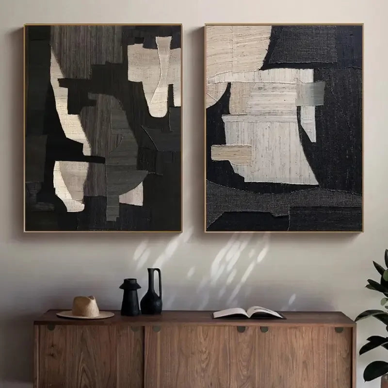 Geometric Dark Light Diptych-Monochrome Geometric Harmony Abstract Painting Set of 2