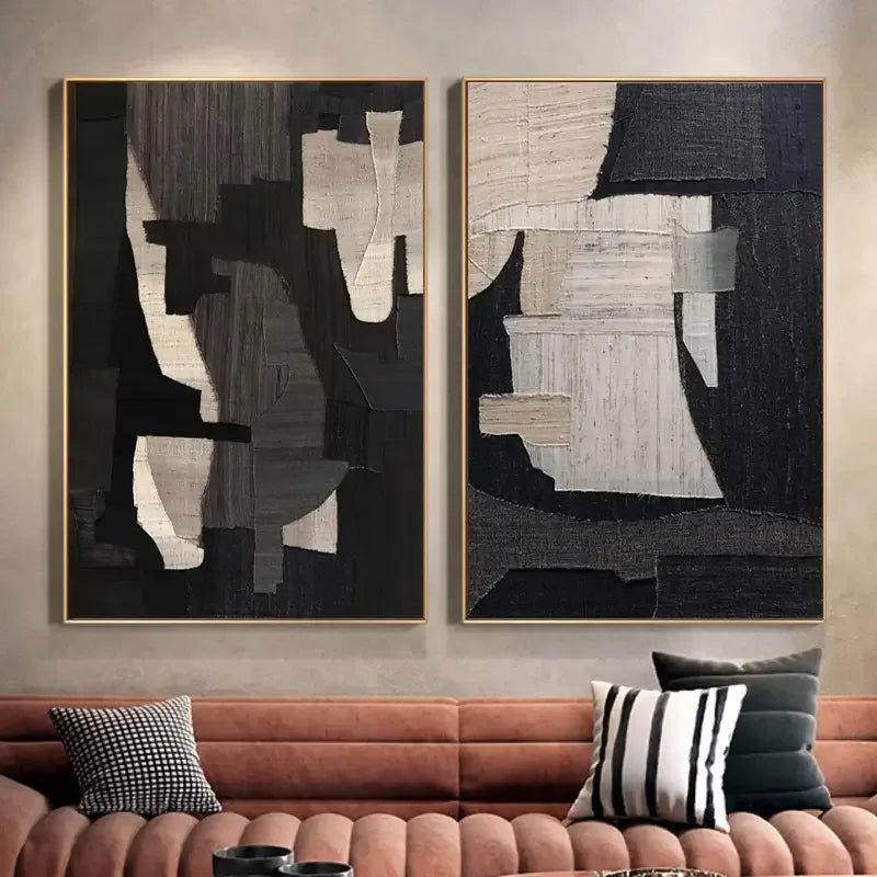 Geometric Dark Light Diptych-Monochrome Geometric Harmony Abstract Painting Set of 2