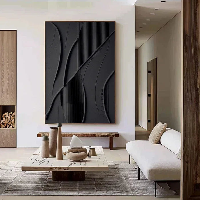 Black 3D Texture Painting-Vertical Geometric Flow Abstract Wall Art
