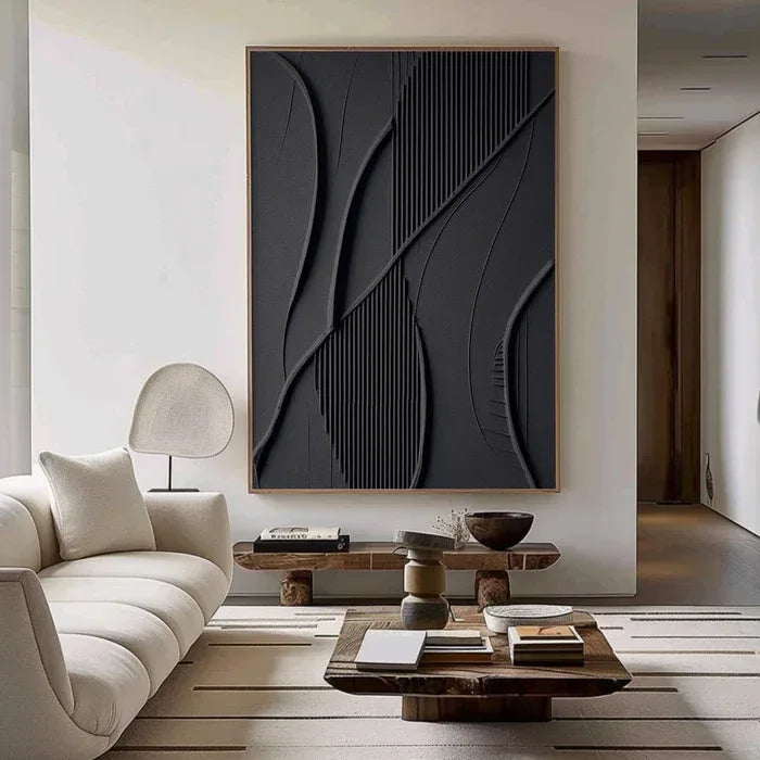Black 3D Texture Painting-Vertical Geometric Flow Abstract Wall Art